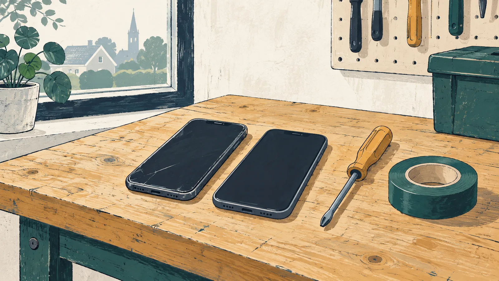 Twee telefoons met lege schermen op een werkbank, waarvan één met een beschadigd scherm, met een schroevendraaier en een rol tape ernaast.