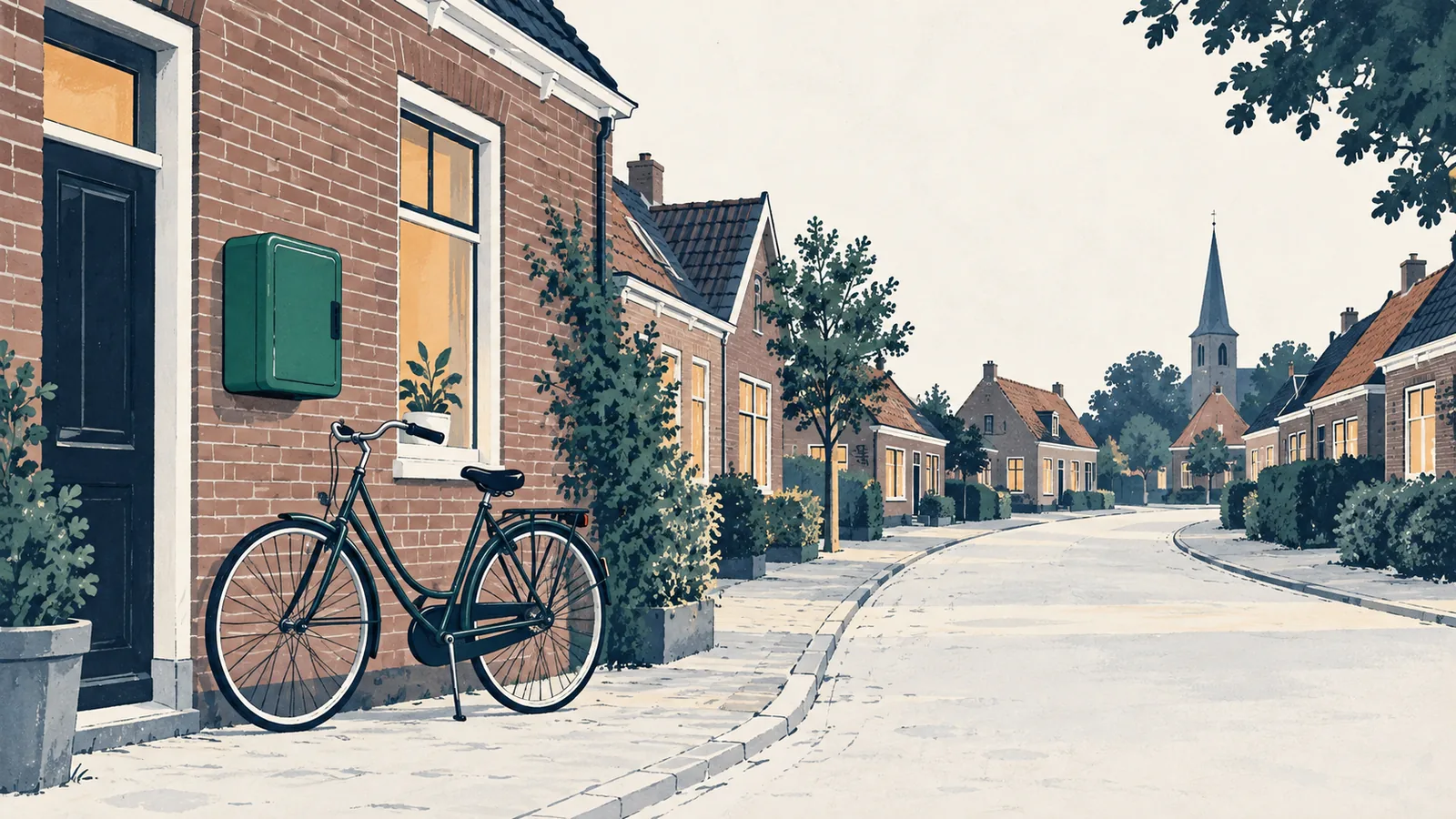 Een stille dorpsstraat met een fiets tegen een gevel, warm verlichte ramen en een groen AED-kastje aan de muur.