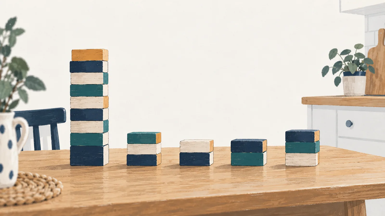 Vijf stapels houten blokjes van ongelijke hoogte op een keukentafel, waarvan de eerste veel hoger is dan de andere vier.