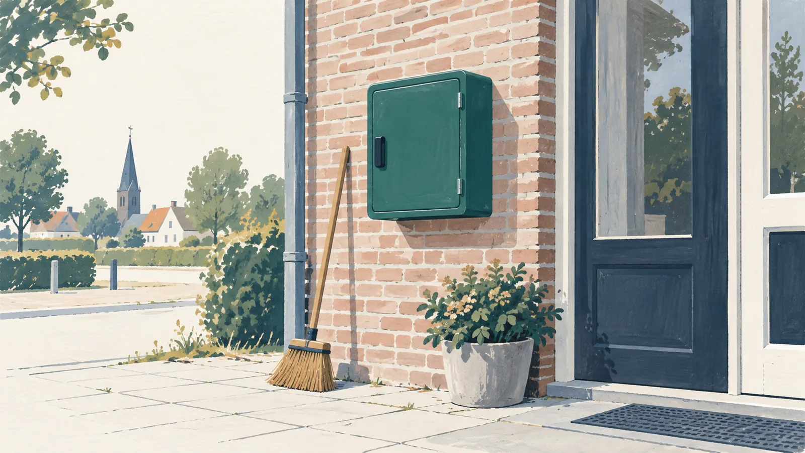 Een groen kastje zonder opschrift aan de bakstenen gevel van een dorpshuis, met een bezem tegen de muur ernaast, in zacht ochtendlicht.