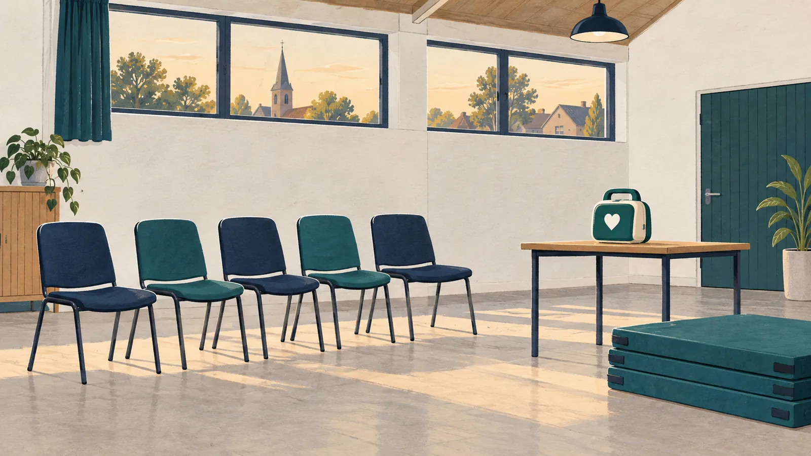 Een dorpshuiszaal met een rij lege stoelen, een oefen-AED op tafel en gestapelde gymmatten op de vloer, met warm licht door hoge ramen.
