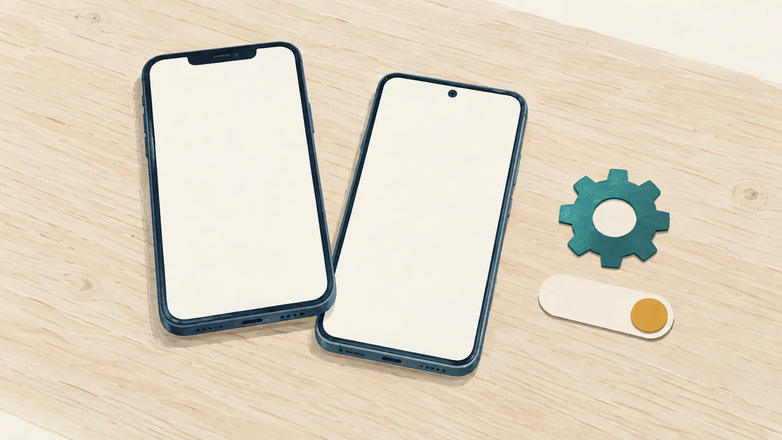 Twee telefoons met lege schermen naast elkaar op een houten tafel, met papieren vormen van een schuifje en een tandwiel ernaast, in rustig daglicht.