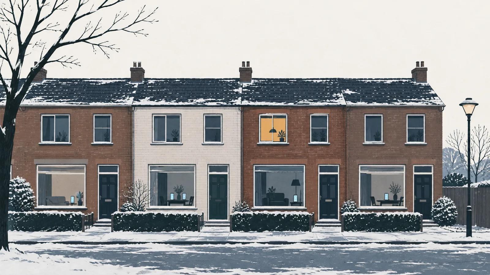 Een rij huizen op een winteravond, achter veel ramen tegelijk het blauwe licht van een telefoonscherm.
