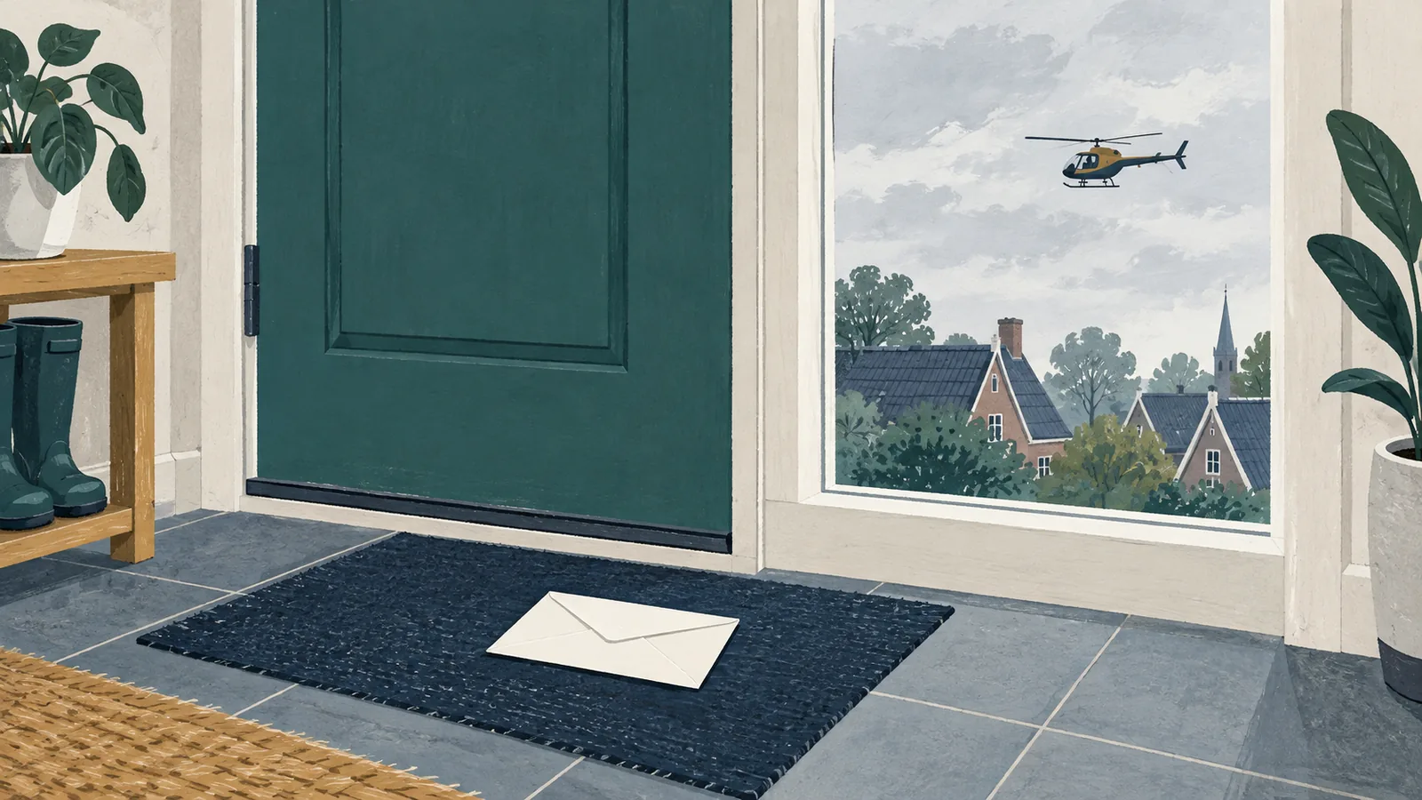 Een envelop zonder opschrift op een deurmat, door het raam in de verte een helikopter boven de daken, in grijs middaglicht.