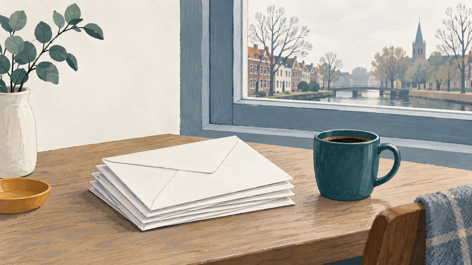 Een stapel gesloten enveloppen zonder opschrift en een kop koffie op een bureau bij een raam met uitzicht op een gracht.