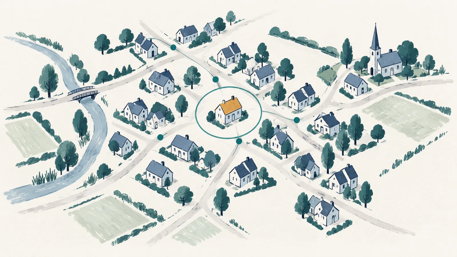 Een getekende dorpskaart in blauwgrijze tinten met een cirkel rond een huis met een okergeel dak en kleine groene stippen langs de straten.